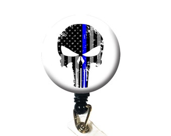 Police fine bleu ligne ID Badge infirmière insigne rétractable bobines / ID porte-Badge - Punisher Skull
