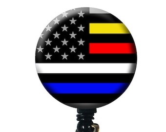 Dispatcher/Firefighter/Police/EMS American Flag Thin Blue / Red / Yellow / White line ID Badge Retractable Badge Holder Reels - Flag