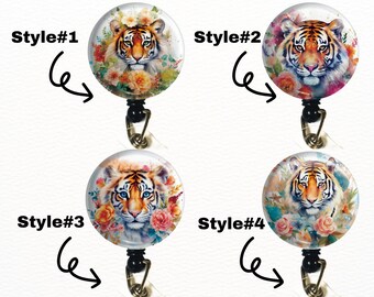 Floral Animal Watercolor Retractable ID Badge, Nurse, Staff ID, Lanyard Badge Reel, Veterinarian, Teacher, Vet Tech - Tiger and Flower