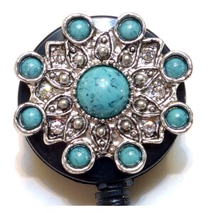Turquoise Accent Rhinestone Bling ID badge holder retractable reel