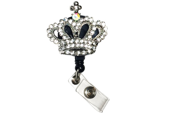 Princess Crown Rhinestone ID badge holder retractable reel