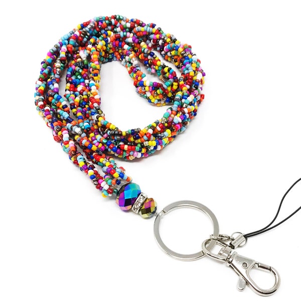 Braided Colored Bead LANYARD with Jeweled Accents with Keychain Key / ID / Cell Phone Holder