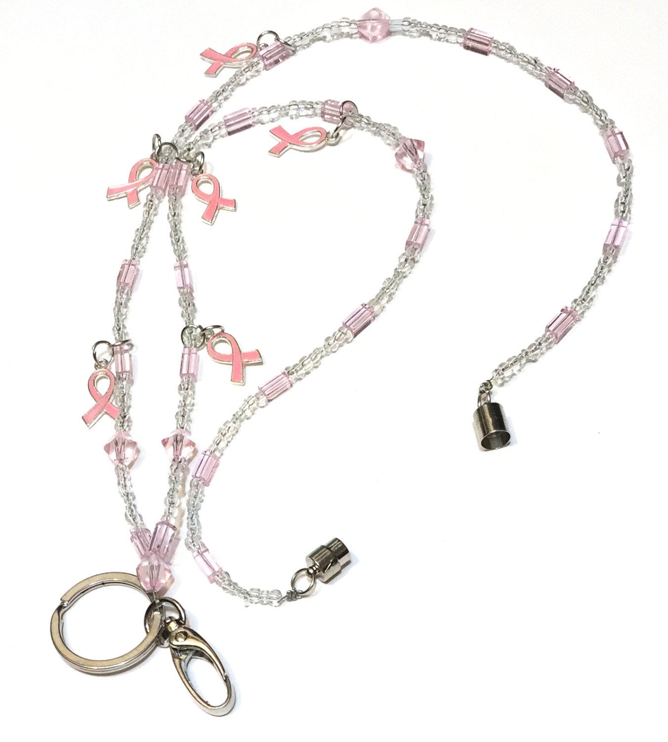 Crystal Dangling Pink Ribbon Charms Necklace Key Holder Lanyard