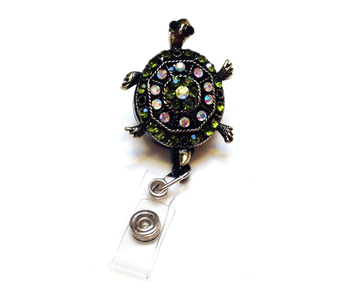 Turtle Shell Bling Rhinestone Green Turtle Bling ID Badge Holder Retractable Reel - Etsy