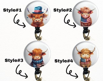 Baby Highland Cow Retractable ID Badge, Nurse, Staff ID, Patriotic Badge Reel, Veterinarian, Teacher, Vet Tech - USA Flag Baby Highland Cow