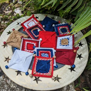 Mini Ojo de Dios - Woven Yarn Art - Gift Tags - Tree Ornaments - Garland - Set of 12 - 4th. July