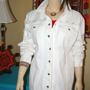Vintage 90&#39;s AVON White Denim Jacket * Silver Stars * Size L