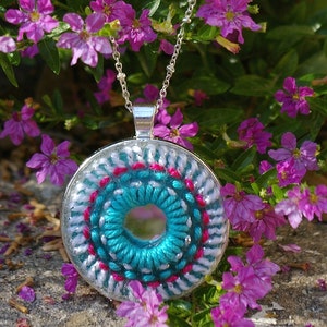 MANDALA Pendant Necklace Jewelry - Woven YARN Embroiderey with Indian Shisha Mirrors - White Silver