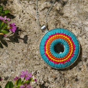 MANDALA Pendant Necklace Jewelry - Woven YARN Embroiderey with Indian Shisha Mirrors -Turquoise Silver