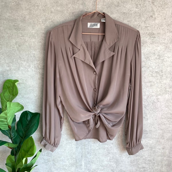 Vintage Taupe Pleated Long Sleeve Button Up Collared Blouse // Size XL