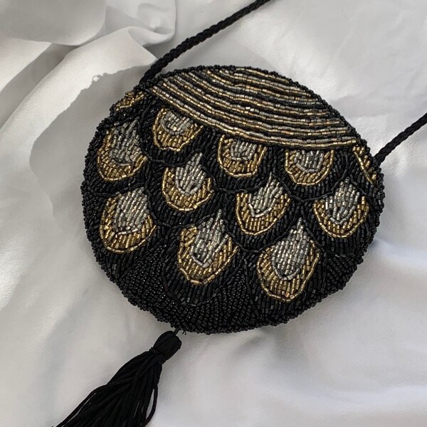 Vintage Gold and Black Flapper Tassel Detail Seed Beaded Handbag