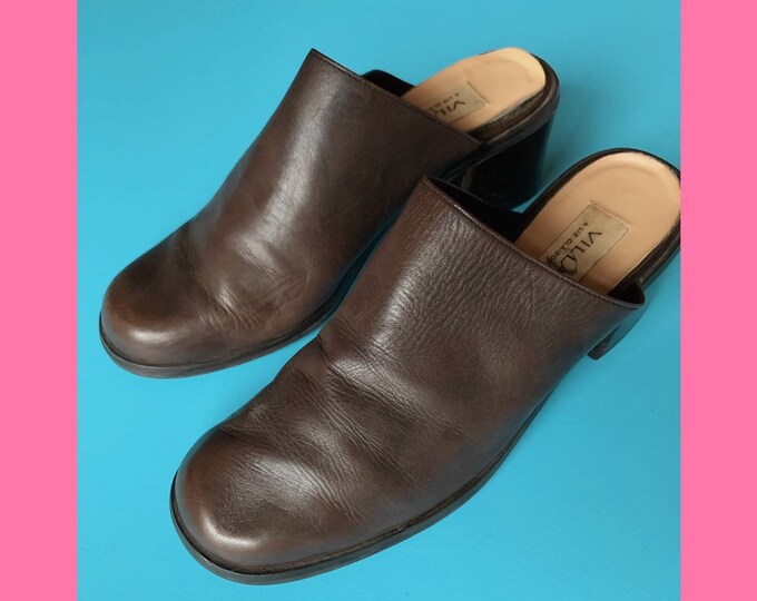 Vintage Brown Leather Mules With Chunky Heel Etsy