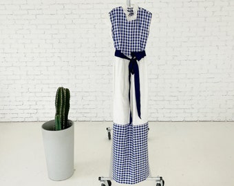 Vintage 1970s Blue and White Gingham Plaid and Lace Cottagecore Maxi Dress // 70s Sleeveless Plaid Ruffle Dress // Size 6