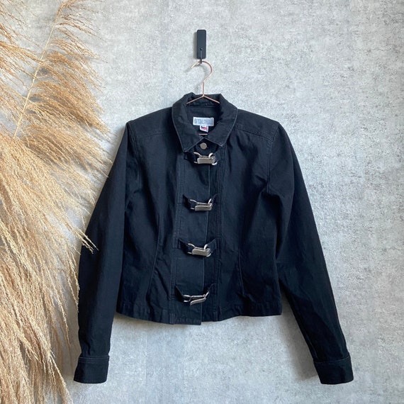 Vintage 1990s Black Denim Jean Jacket with Metal B