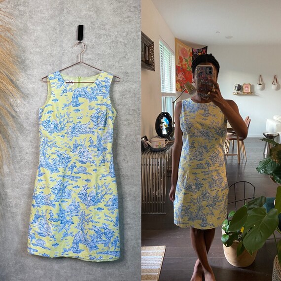 Vintage 90s Yellow and Blue Victorian Pattern Slee