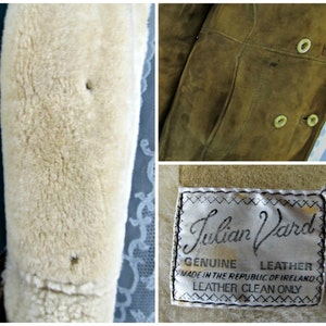 May include: A brown leather jacket with a shearling lining. The jacket has a label that reads "Julian Vard Genuine Leather Made in the Republic of Ireland Leather Clean Only".