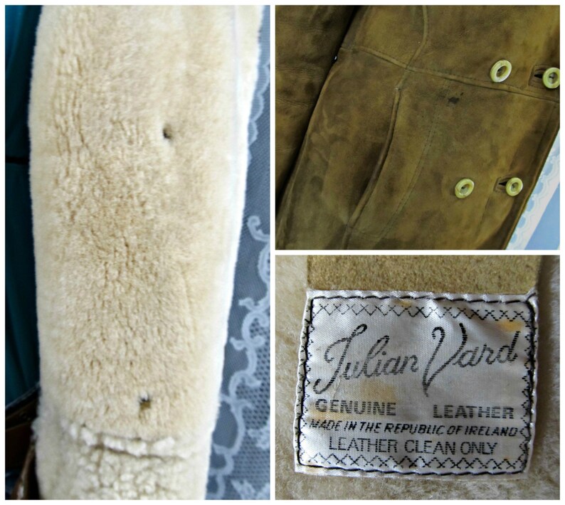 May include: A brown leather jacket with a shearling lining. The jacket has a label that reads "Julian Vard Genuine Leather Made in the Republic of Ireland Leather Clean Only".