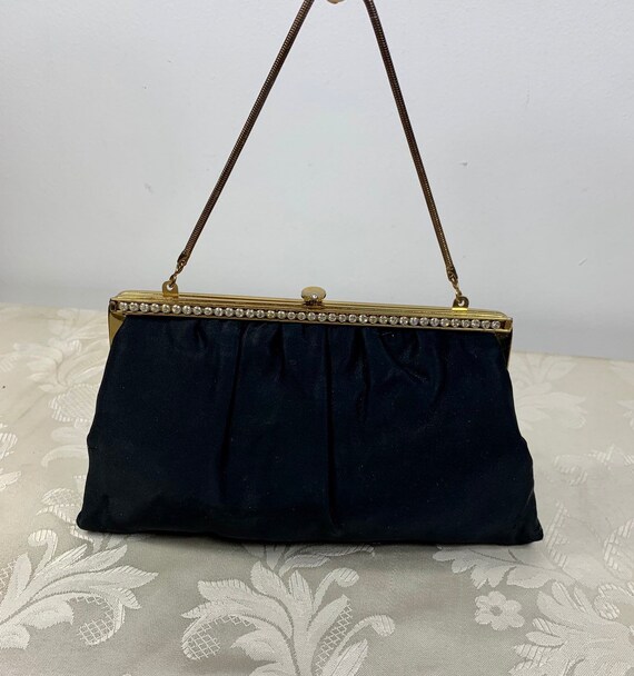 60/'s Evening Bag Vintage Black Clutch Envelope Purse with Attached Coin Purse