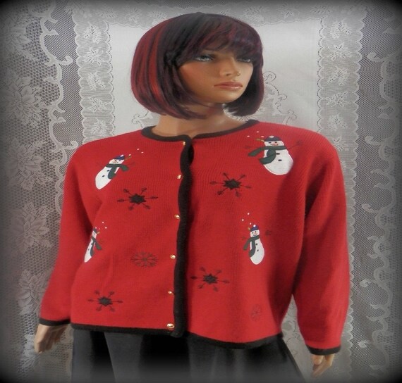 Christmas sweater, Red sweater, Snowman sweater, Women's sweater, Button up sweater, Warm sweater, Medium sweater