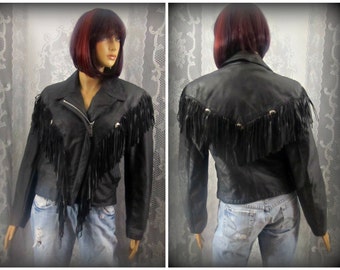 Black leather jacket, Black fringe leather jacket, 80's leather jacket, Biker jacket, Women's size 8 coat, Motorcycle riding jacket