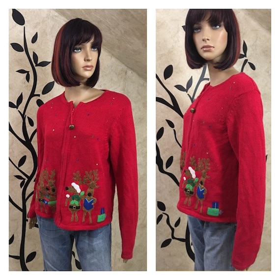 Reindeer sweater, Size medium sweater, Red sweater, Christmas sweater, Holiday sweater, Winter sweater