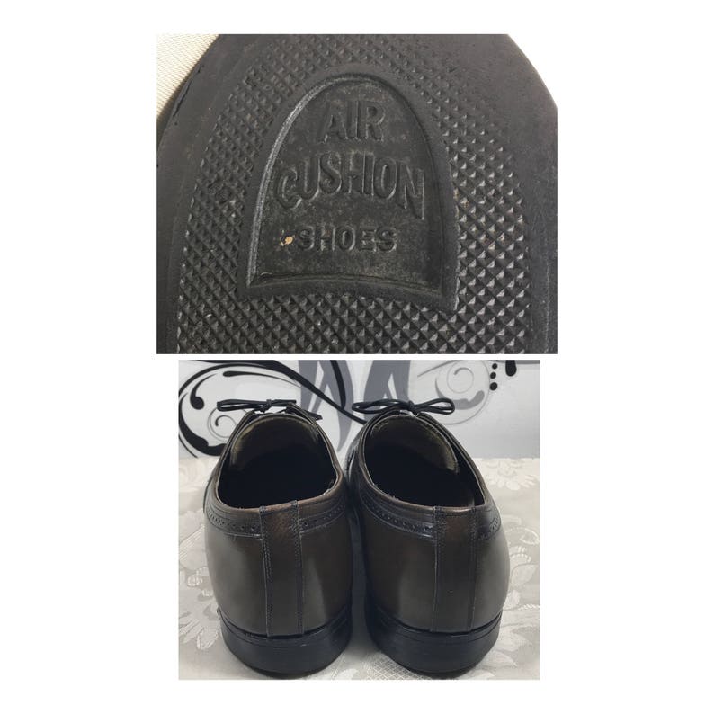 May include: A pair of brown leather lace-up shoes with a black rubber sole. The sole has the text "Air Cushion Shoes" embossed on it.
