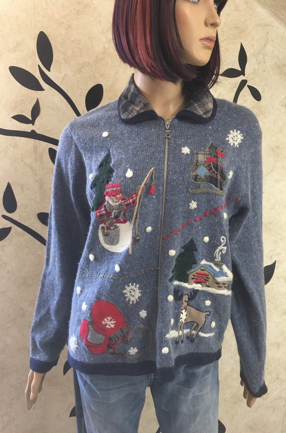 Christmas sweater, Size medium sweater, Blue sweater, Christmas sweater, Holiday sweater, Winter sweater View 2