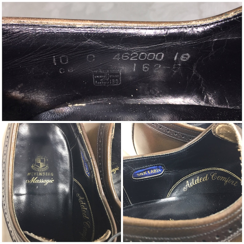 May include: Close-up of the interior of a brown leather shoe with black stitching. The insole is black with the text "Weyenberg Massagic" and "Added Comfort" printed in gold. A blue label with the text "Silk Label" is visible.