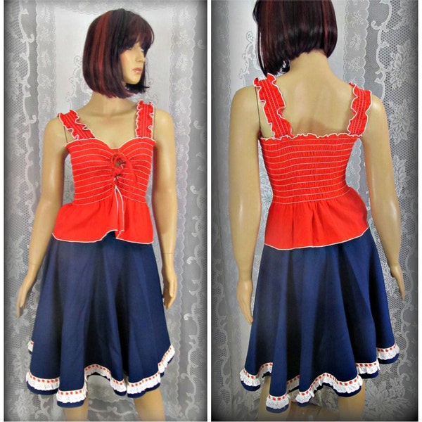 Vintage red white and blue outfit, Line dancing skirt, Twirl skirt, Women's blue skirt, Women's red summer shirt