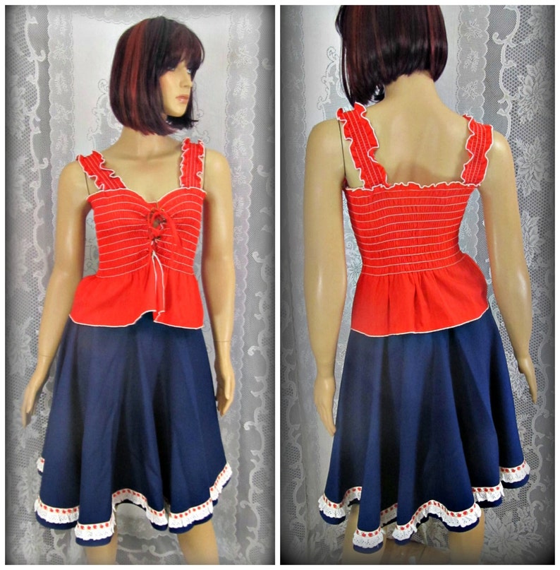 Vintage red white and blue outfit Women/'s blue skirt Twirl skirt Women/'s red summer shirt Line dancing skirt