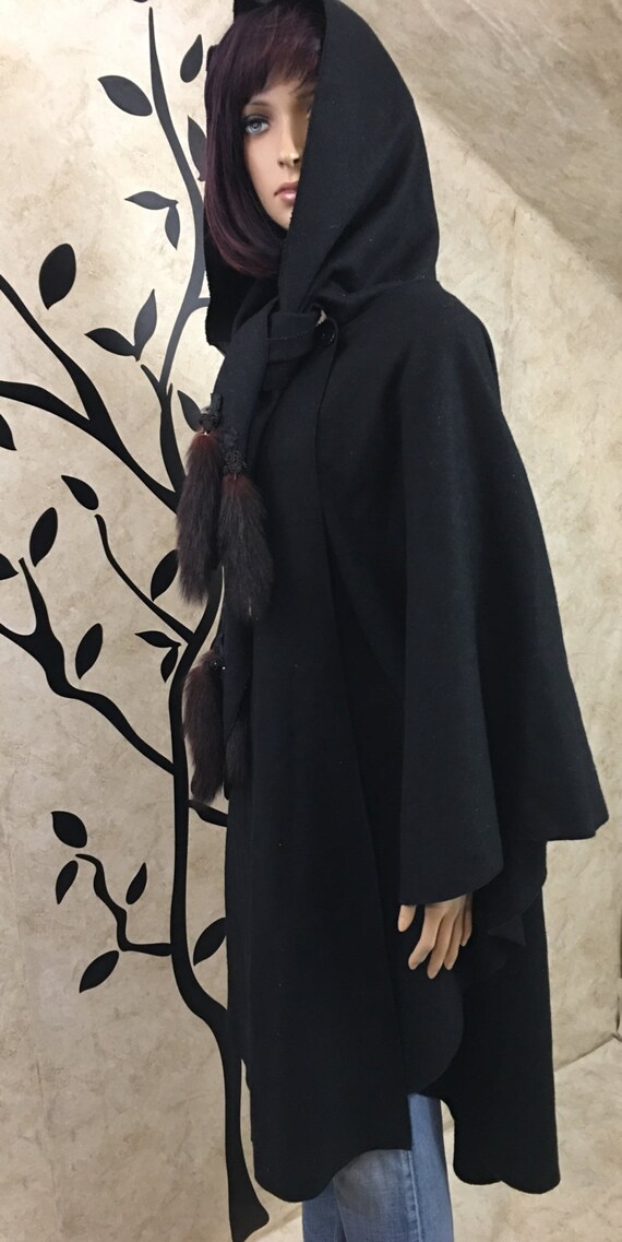 Black Cloak, Cloak with hood, Wool cape, Wool Clo… - image 2