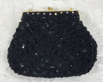 Women&#39;s black beaded purse, Formal purse, Vintage clutch, Evening Bag, Coin purse, Black purse, Beaded handbag
