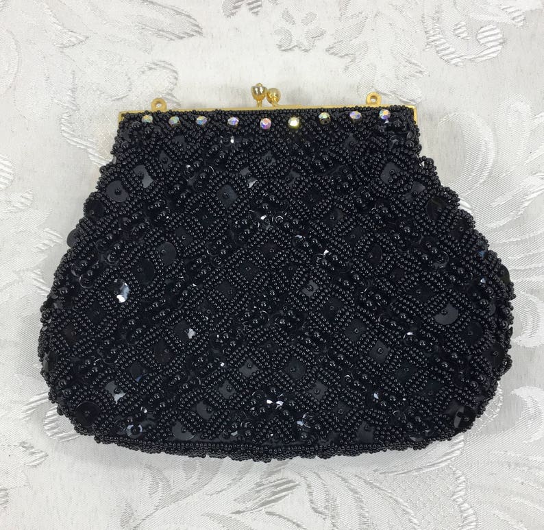 Women's black beaded purse, Formal purse, Vintage clutch, Evening Bag, Coin purse, Black purse, Beaded handbag image 1