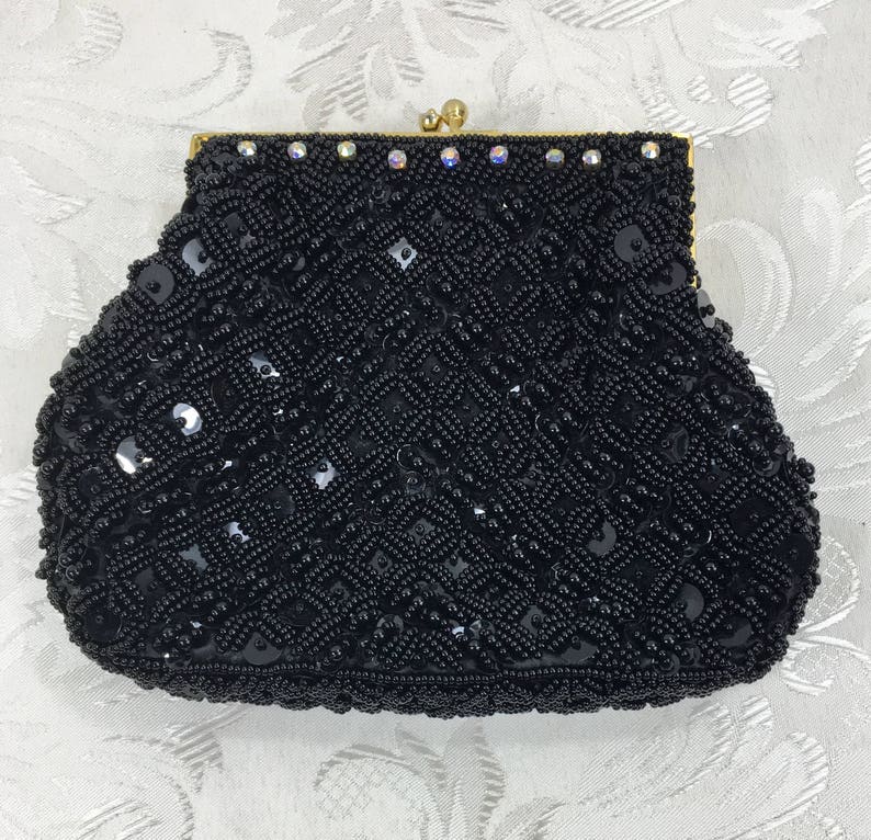 Women's black beaded purse, Formal purse, Vintage clutch, Evening Bag, Coin purse, Black purse, Beaded handbag image 10