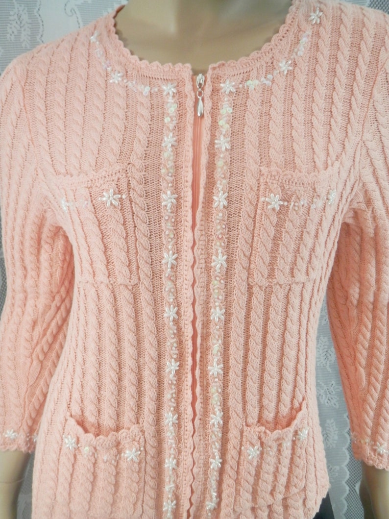 Pink cardigan, Zip up cardigan, Womens sweater, Beaded sweater, Silk