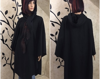 Black Cloak, Cloak with hood, Wool cape, Wool Cloak, Cloak with fur, Witch coat, Hooded coat, Long Wool coat
