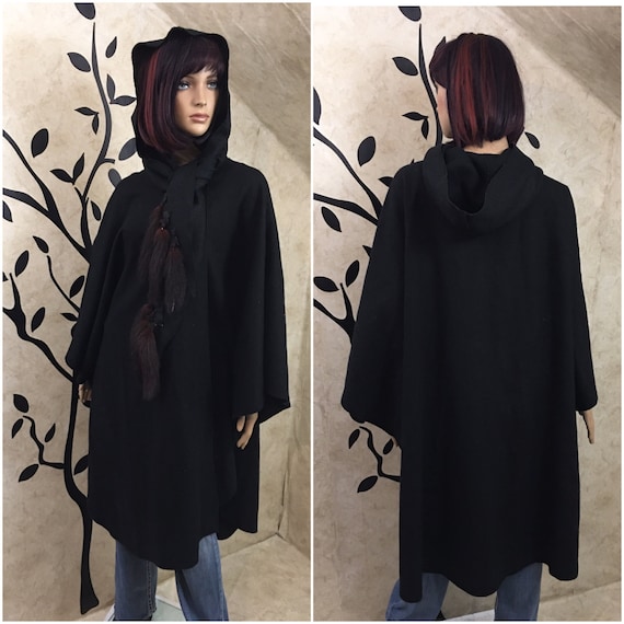 Black Cloak, Cloak with hood, Wool cape, Wool Cloa