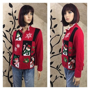 Snowman sweater, Zip up sweater, Size large sweater, Red sweater, Christmas sweater, Holiday sweater, Winter sweater