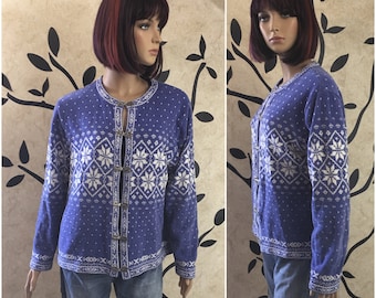 Snowflake sweater, Soft sweater, Blue sweater, Women's Christmas sweater, Button up sweater, Warm sweater, Size Large sweater