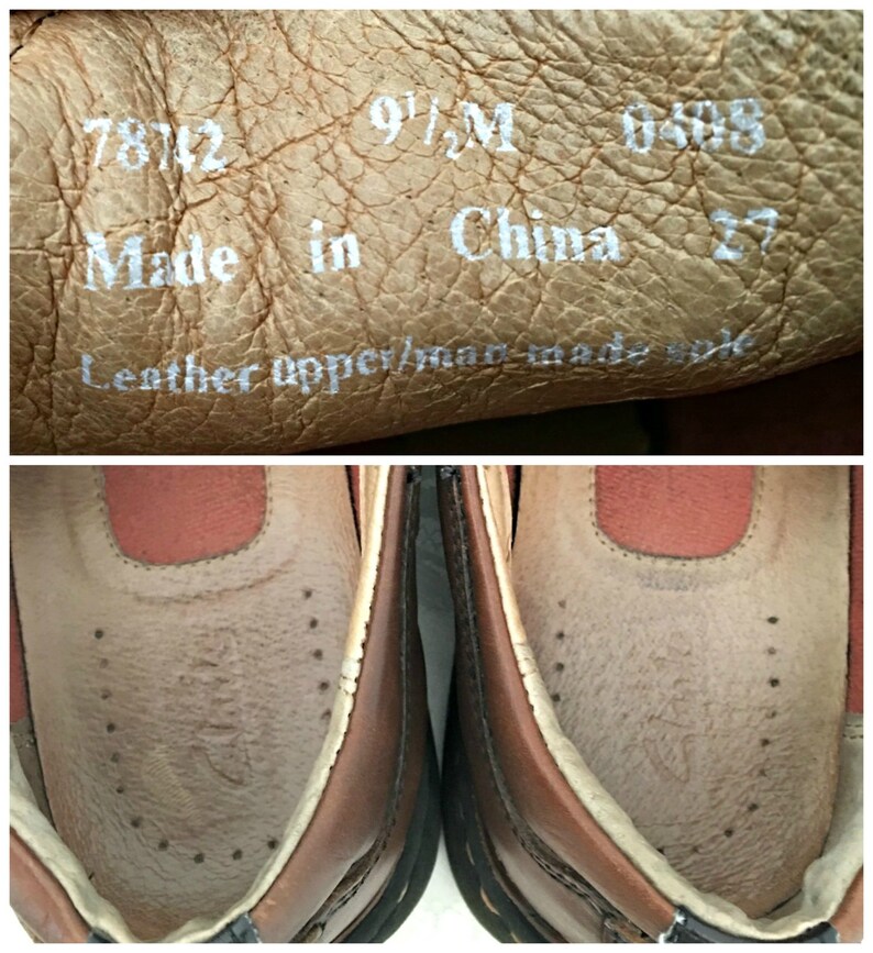 May include: Close-up of the inside of a brown leather shoe. The shoe is size 9 1/2 M and says "Made in China" on the insole. The insole also says "Leather upper/man made sole".
