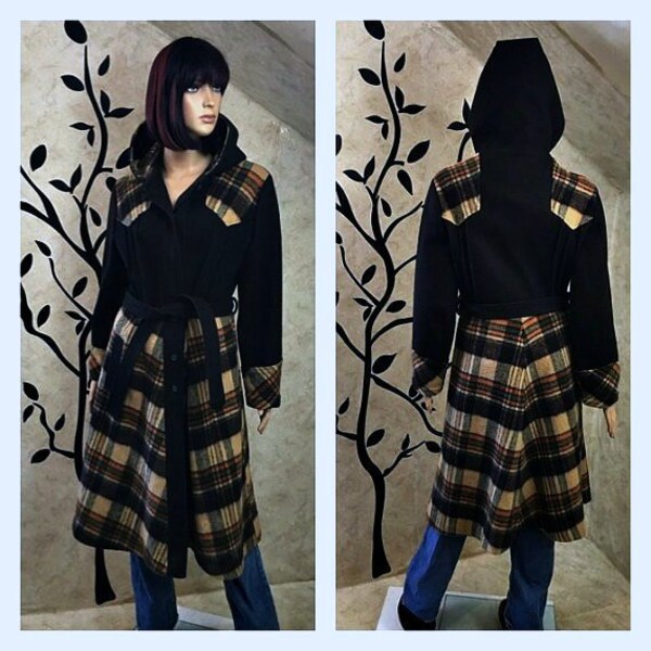 Plaid wool coat, Warm coat, Winter coat, Long coat, Fancy coat, Hooded coat, Long Wool coat