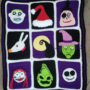 May include: A crocheted blanket featuring characters from the Nightmare Before Christmas. The blanket is purple, black, and white with squares featuring Jack Skellington, Sally, Oogie Boogie, Zero, and other characters.