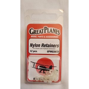 May include: A package of 12 white nylon retainers for screw-lock pushrod connectors. The package is red and white and features the Great Planes logo and the product name "Nylon Retainers". The package also includes the product number GPMQ3872.