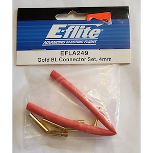 May include: A package of E-flite Efla249 Gold BL Connector Set, 4mm. The package contains two red heat shrink tubes and four gold connectors.