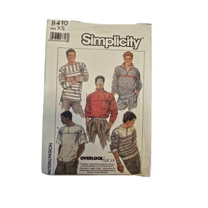 Simplicity 8410 Mens Pullover Tops Sewing Pattern XS Uncut Factory Folded