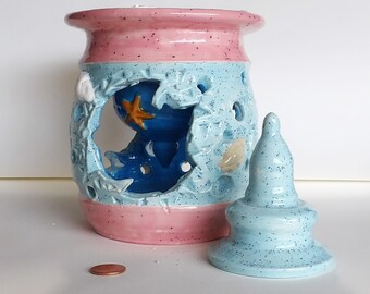 ceramic, double walled keepsake jar, blue, pink, sea life decorative motif