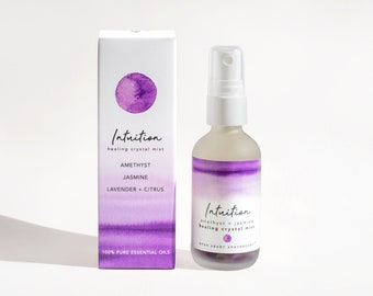 INTUITION Crystal Mist - Amethyst Crystals and Therapeutic Grade Essential Oils, Aromatherapy, Natural Gemstones, Jasmine, Bergamot