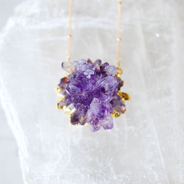 Amethyst Geode Stalactite Necklace // Purple Healing Gemstone Pendant // 24k gold // Amethyst Crystal Cluster // E138