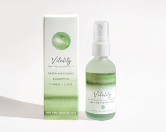 VITALITY Crystal Mist - Therapeutic-Grade Essential Oils, Aromatherapy, Natural Gemstones, Cypress, Eucalyptus, Clove, Green Aventurine