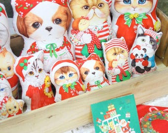 DIY fabric for making ragdoll, cushions - Cats Xmas #2 (woven, linen+cotton, 70X45cm)